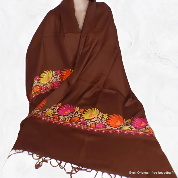 Châle en laine marron pour femme brodé perles - Châles en laine faits main