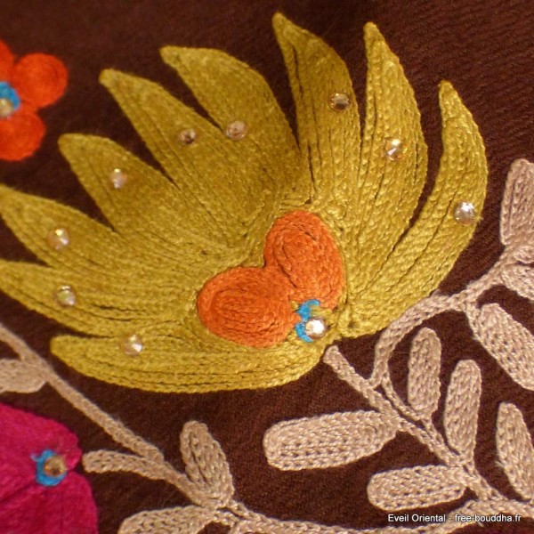 Châle en laine marron pour femme brodé perles Pashminas laine et broderies LJ32