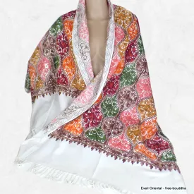 Châle laine femme écru multicolore brodé - Châles en laine faits main