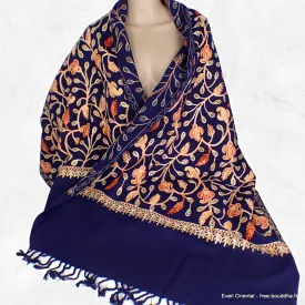 Pashmina oriental bleu nuit brodé - Châles en laine faits main