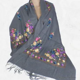 Châle femme Gris souris brodé fleurs - Châles en laine faits main