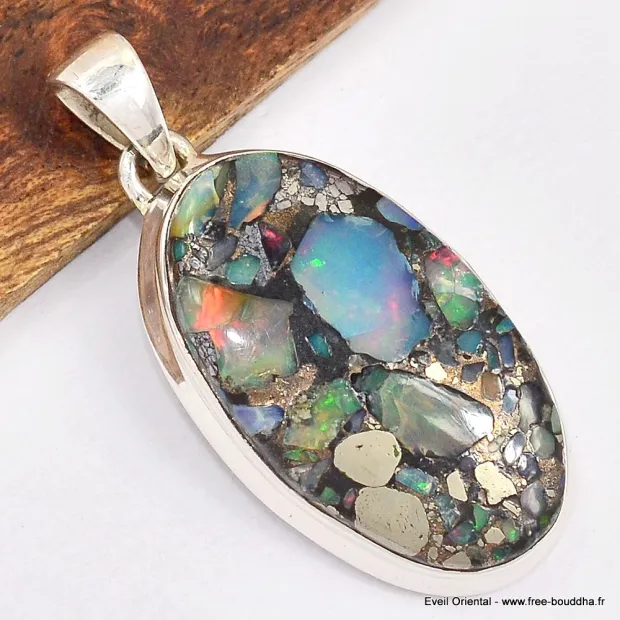 Pendentif Opale Ethiopienne sur Pyrite (composite) - Bijoux en Opale Ethiopienne