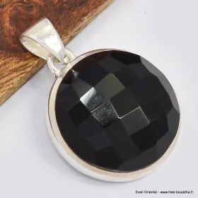Pendentif rond en Onyx noir facetté - Bijoux en Onyx noir