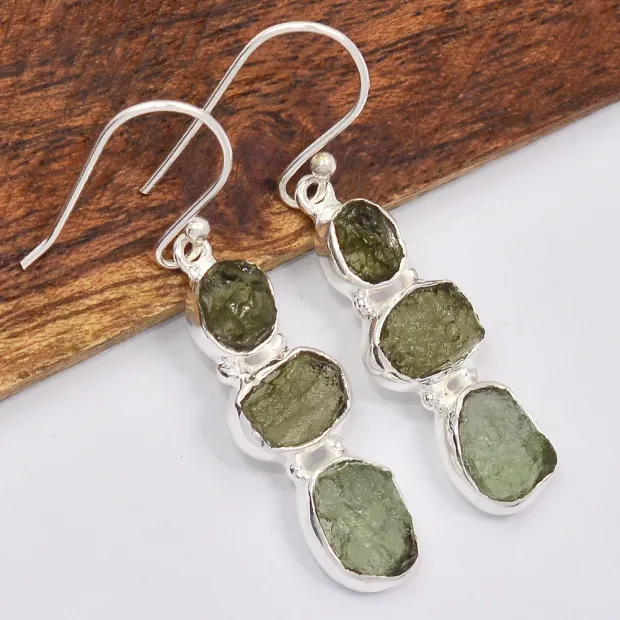 Boucles d'oreilles pendantes en Moldavite grade AAA - Bijoux en Moldavite