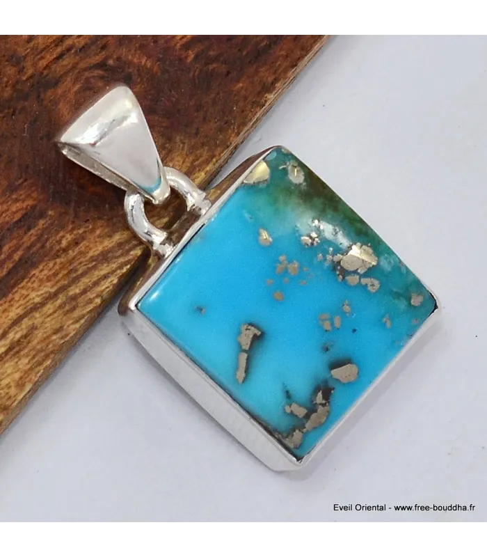 Petit pendentif carré Turquoise avec Pyrite - Bijoux en Turquoise Iranienne (Nishapur)