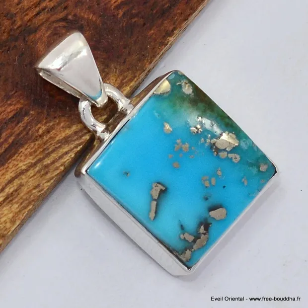 Petit pendentif carré Turquoise avec Pyrite - Bijoux en Turquoise Iranienne (Nishapur)