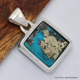 Petit pendentif carré Turquoise avec Pyrite - Bijoux en Turquoise Iranienne (Nishapur)