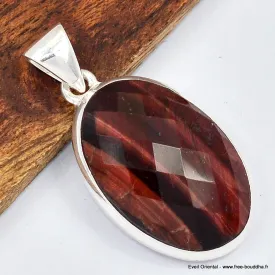 Pendentif oval Oeil de Tigre rouge facetté - Bijoux en Oeil de Taureau
