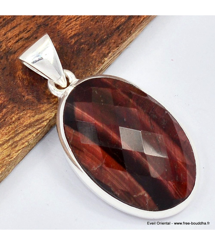 Pendentif oval Oeil de Tigre rouge facetté Bijoux en Oeil de Taureau SK30