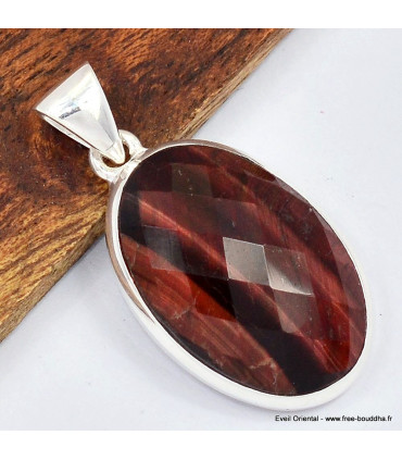 Pendentif oval Oeil de Tigre rouge facetté Bijoux en Oeil de Taureau SK30