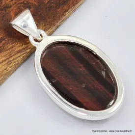 Pendentif oval Oeil de Tigre rouge facetté - Bijoux en Oeil de Taureau