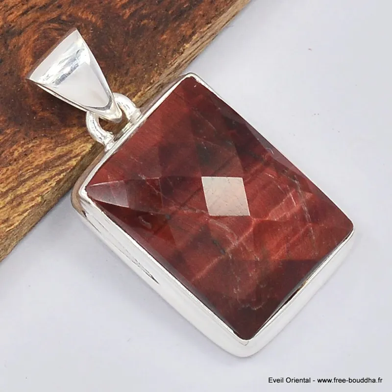 Pendentif Oeil de tigre rouge rectangulaire - Bijoux en Oeil de Taureau
