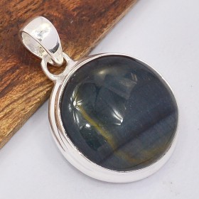 Petit pendentif rond Oeil de Tigre bleu