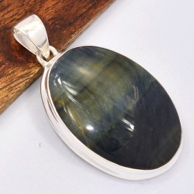 Pendentif rond argent Oeil de Tigre bleu