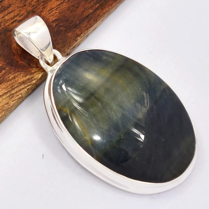 Pendentif rond argent Oeil de Tigre bleu - Pendentifs pierres naturelles