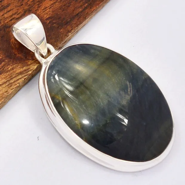 Pendentif rond argent Oeil de Tigre bleu - Pendentifs pierres naturelles