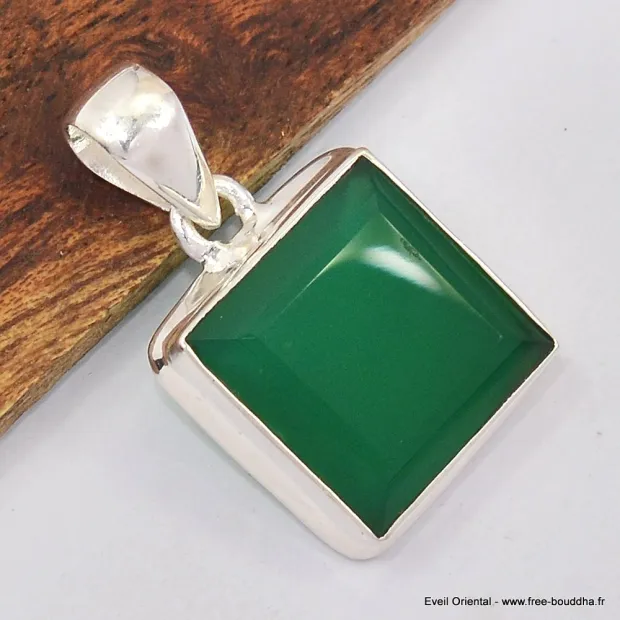 Pendentif Onyx vert carré serti clos - Bijoux en Onyx Vert
