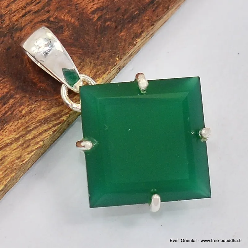 Pendentif Onyx vert losange serti griffe - Bijoux en Onyx Vert