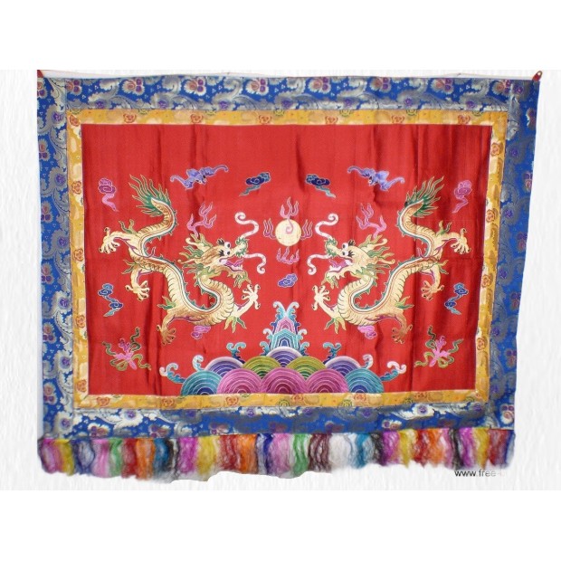 Tenture murale Dragons en soie épaisse rouge Tentures tibétaines Bouddha TENDRA3