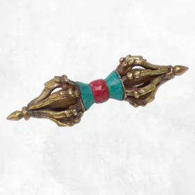 Dorje tibétain bouddhiste 13 cm laiton pierres - Dordjé, double dorjé (sans cloche)
