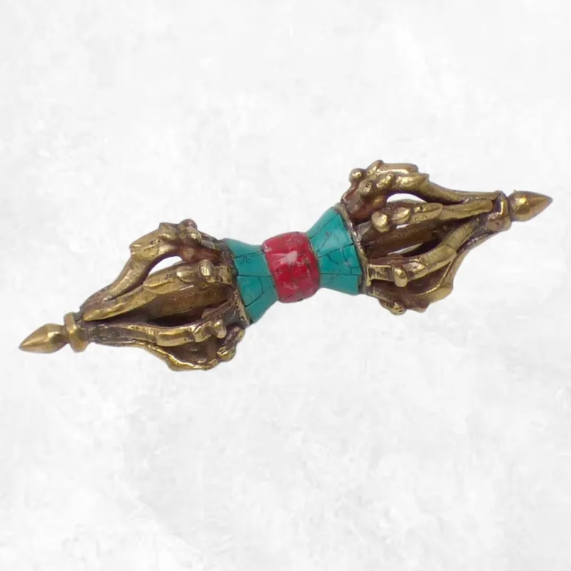 Dorje tibétain bouddhiste 13 cm laiton pierres - Dordjé, double dorjé (sans cloche)