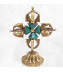 Double dorje 8 branches sur socle avec turquoises Cloches et dorjé tibétains ref12.5