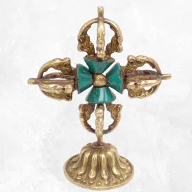 Double dorje tibetain 8 branches sur socle avec turquoises - Dordjé, double dorjé (sans cloche)