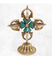 Double dorje 8 branches sur socle avec turquoises Cloches et dorjé tibétains ref12.5