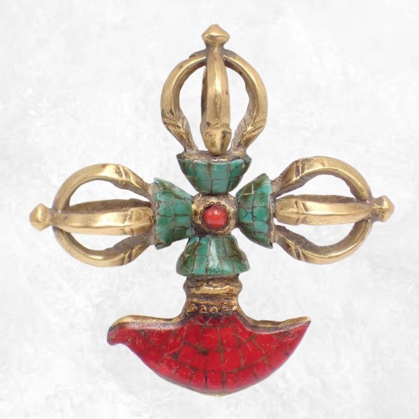 Double Dorjé tibétain et kartika en laiton et pierres Cloches et dorjé tibétains DD4