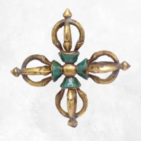 Double dorje tibetain varja bouddhiste laiton et pierres 11 cm - Dordjé, double dorjé (sans cloche)
