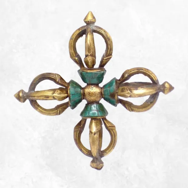 Double dorje tibetain varja bouddhiste laiton et pierres 11 cm - Dordjé, double dorjé (sans cloche)