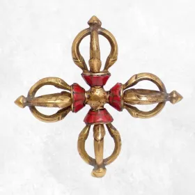 Double Dordjé tibétain en laiton et corail - Dordjé, double dorjé (sans cloche)
