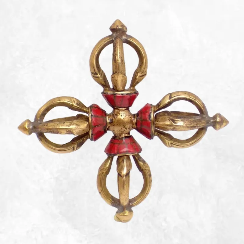 Double Dordjé tibétain en laiton et corail - Dordjé, double dorjé (sans cloche)