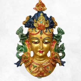 Statuette bouddhiste masque de Tara 20 cm doré - Artisanat Tibétain - Sculpture, tableau, masque mural bouddhiste