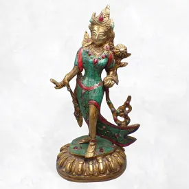 Rare statue bouddhisteTara en laiton et turquoise 30 cm  - Statuettes bouddhistes tibétaines artisanales