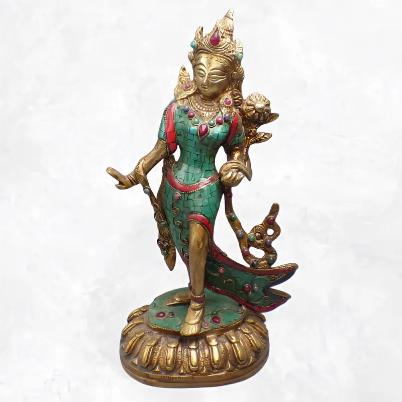 Rare statue bouddhisteTara en laiton et turquoise 30 cm - Statuettes bouddhistes tibétaines artisanales