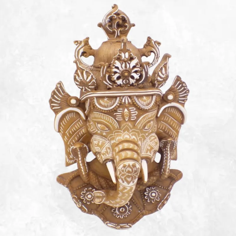 Statuette tibetaine masque mural Ganesh patine naturelle 30 cm - Statuettes bouddhistes tibétaines artisanales