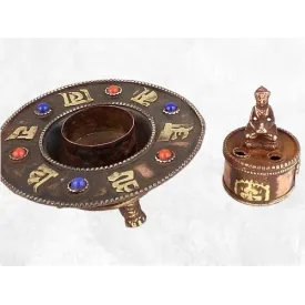 Brûleur d'encens tibétain rond orné de Mantra - Porte-encens tibétains