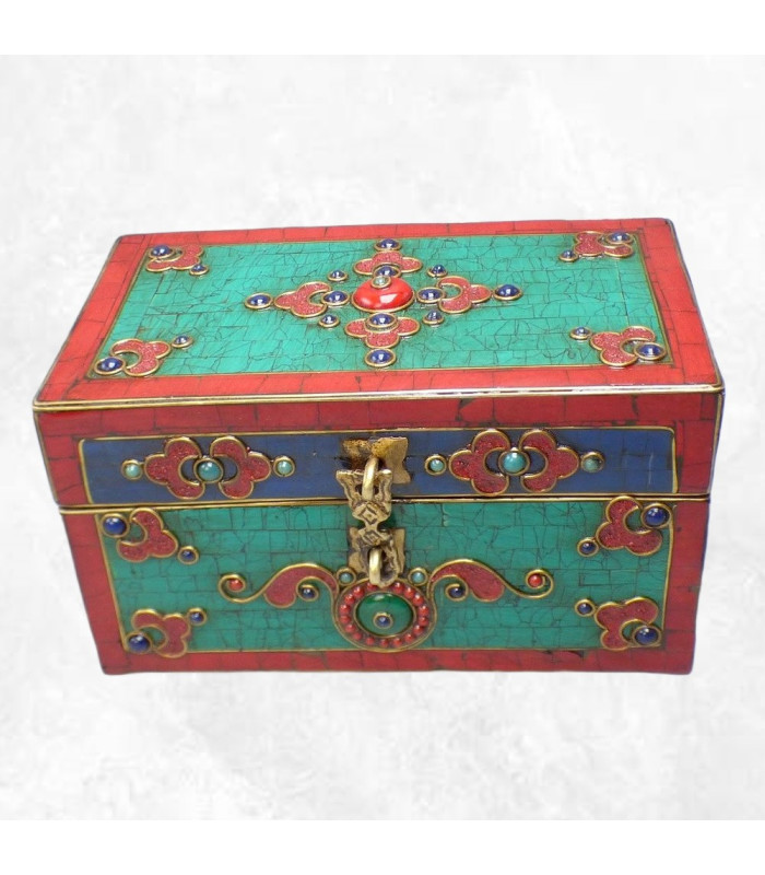 Grosse boîte à bijoux tibétaine sertie de pierres Artisanat tibétain bouddhiste BAT14