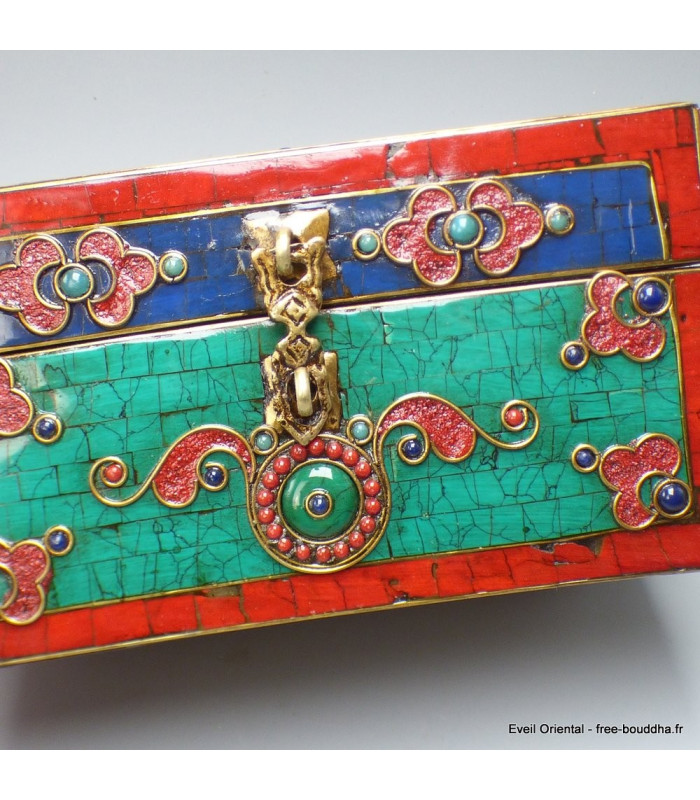Grosse boîte à bijoux tibétaine sertie de pierres Artisanat tibétain bouddhiste BAT14