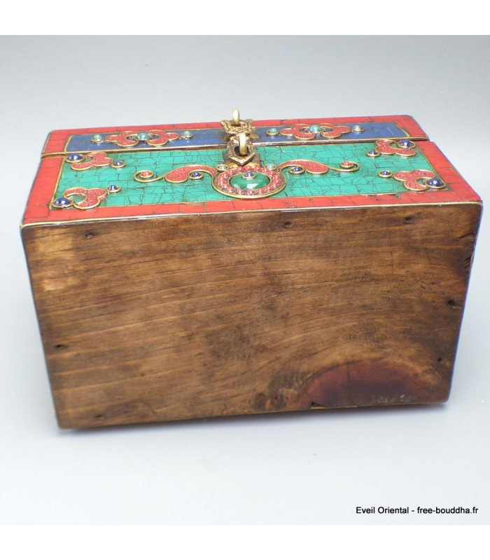 Grosse boîte à bijoux tibétaine sertie de pierres Artisanat tibétain bouddhiste BAT14