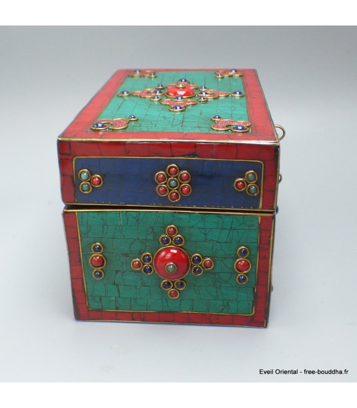 Grosse boîte à bijoux tibétaine sertie de pierres Artisanat tibétain bouddhiste BAT14