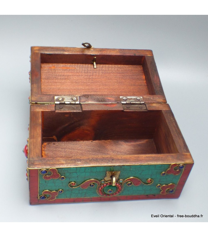 Grosse boîte à bijoux tibétaine sertie de pierres Artisanat tibétain bouddhiste BAT14