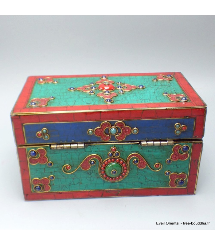 Grosse boîte à bijoux tibétaine sertie de pierres Artisanat tibétain bouddhiste BAT14