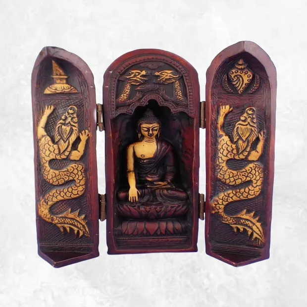 Statuette bouddhiste Autel temple bouddhiste Triptyque patine antique - Objets rituels bouddhistes