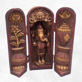 Statuette bouddhiste Autel temple triptyque Ganesh patine antique - Statuettes bouddhistes tibétaines artisanales