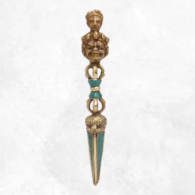 Phurba tibétain et dorjé laiton turquoise - Objets rituels bouddhistes