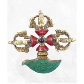 Double Dorjé tibétain et kartika en laiton et turquoise - Dordjé, double dorjé (sans cloche)