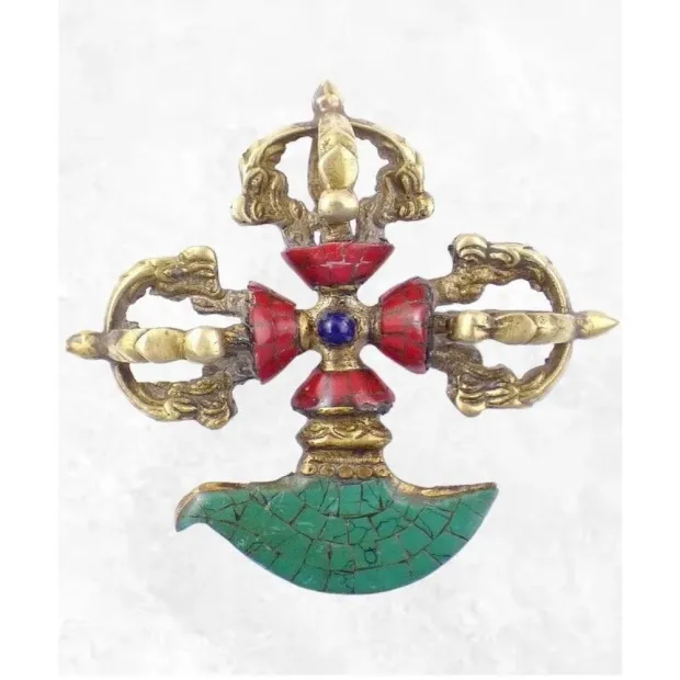 Double Dorjé tibétain et kartika en laiton et turquoise - Dordjé, double dorjé (sans cloche)
