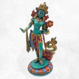 Statue bouddhiste Tara verte sur pied 30 cm - Artisanat Tibétain - Statuettes bouddhistes tibétaines artisanales